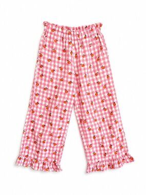 Mini Boden Pink Gingham Orange Print Linen Blend Wide Leg Pants 9Y